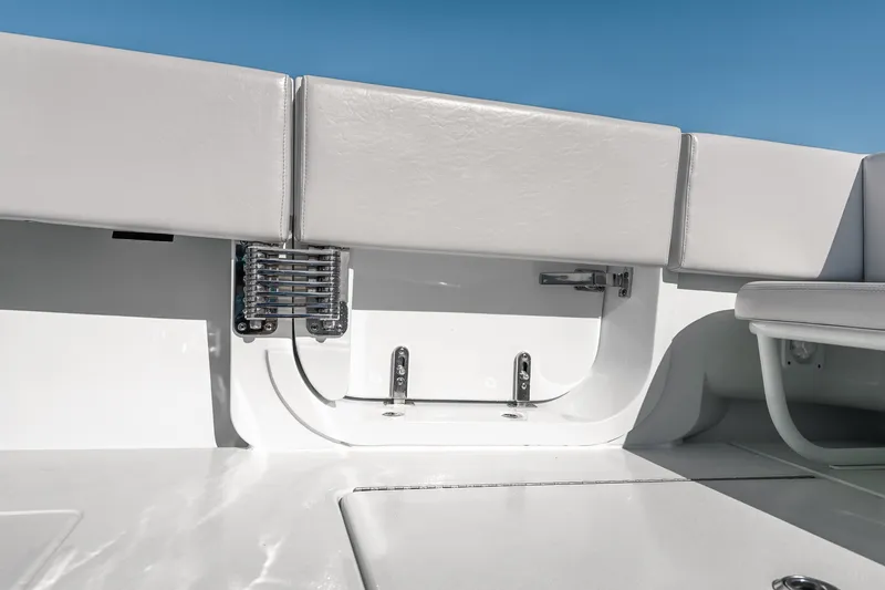 Slide: The Image of 2024 Contender 44 Fisharound boat interior with sleek white seating and modern design. - 22