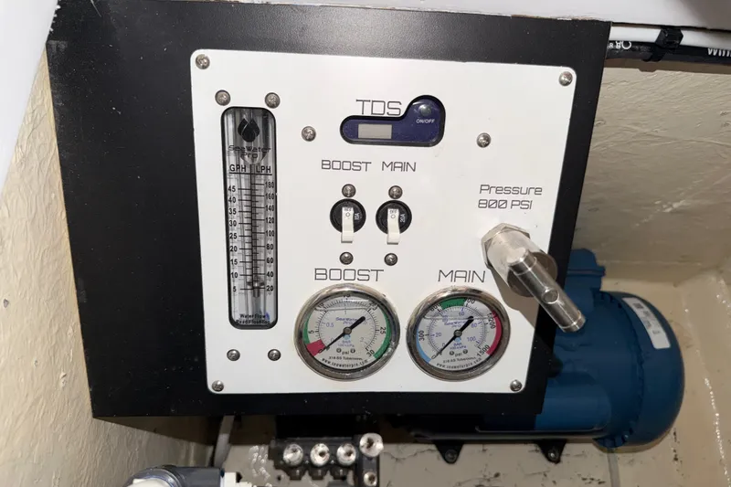 Slide: The Image of Control panel with gauges and meters on a 1989 Hylas 44 yacht. - 55