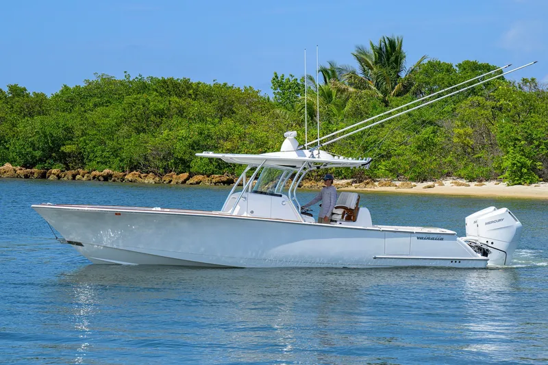 The Image of 2025 Valhalla Boatworks V-33 cruising on calm water near lush green shoreline. - 0
