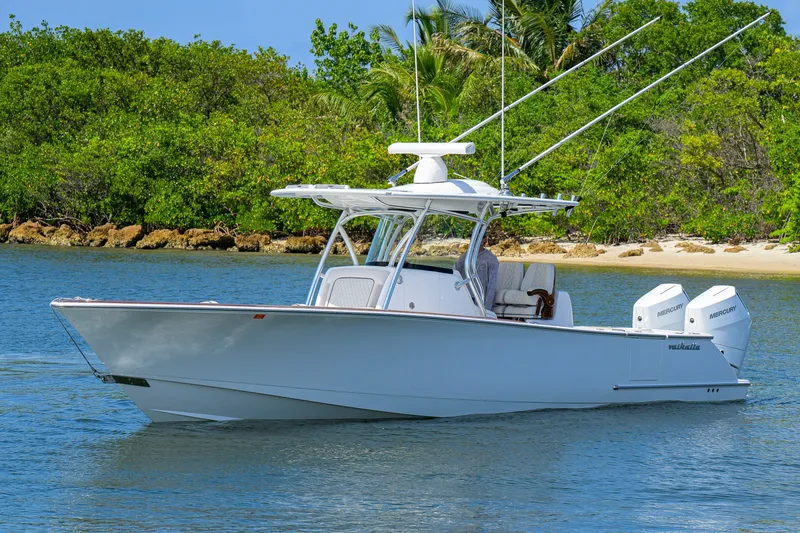 Slide: The Image of 2025 Valhalla Boatworks V-33 cruising near a tropical shoreline with lush greenery. - 1