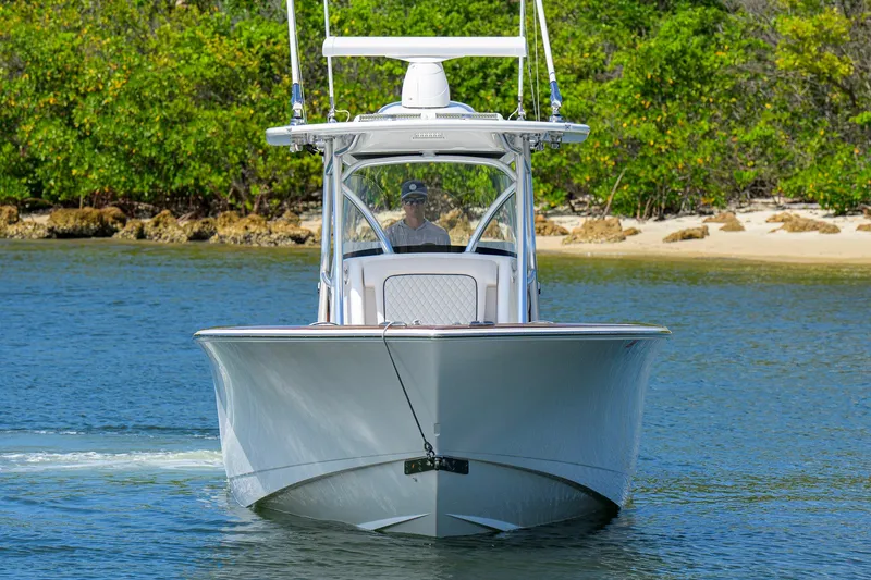 Slide: The Image of 2025 Valhalla Boatworks V-33 cruising on water near a lush shoreline. - 2
