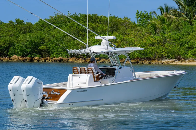 Slide: The Image of 2025 Valhalla Boatworks V-33 cruising on a serene waterway with lush greenery. - 8