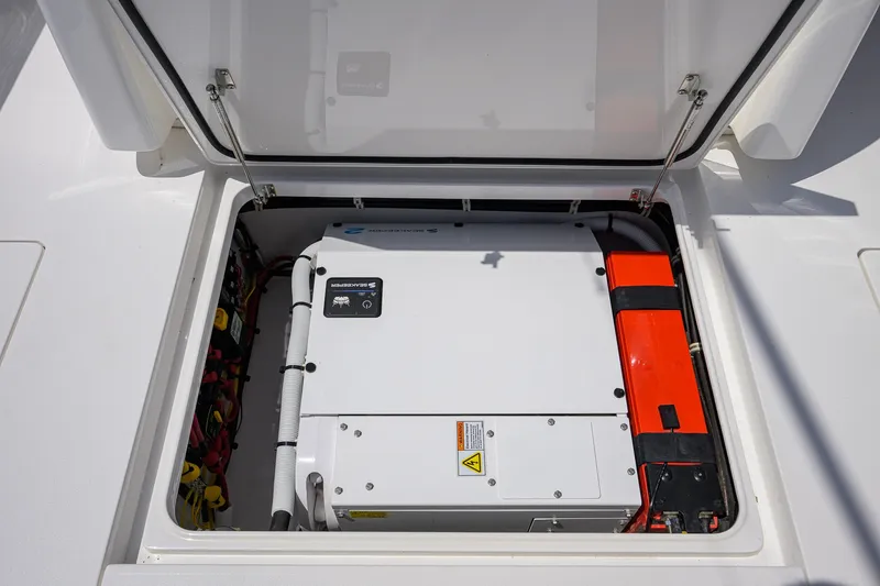 Slide: The Image of 2025 Valhalla Boatworks V-33 engine compartment with modern equipment and wiring. - 62