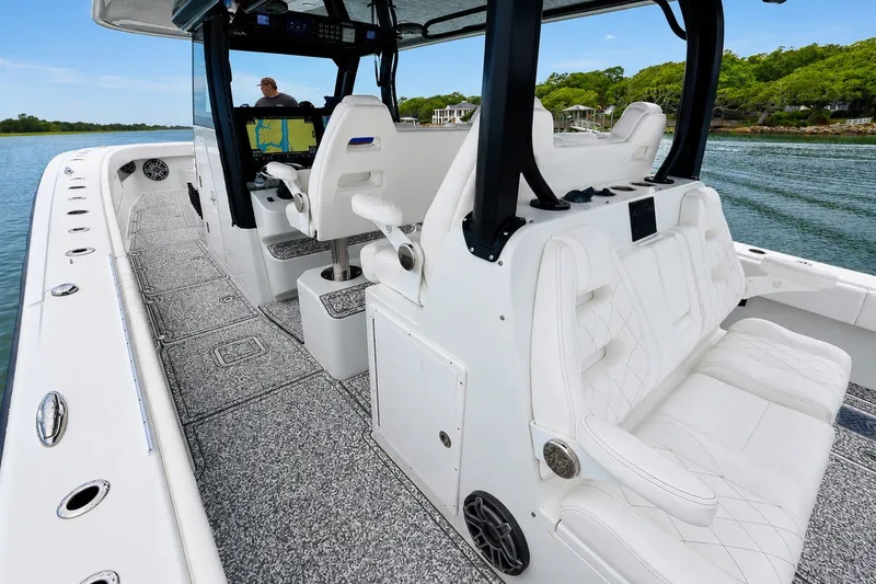 Slide: The Image of Luxurious 2023 Freeman 43 boat interior with plush seating and advanced navigation system. - 8
