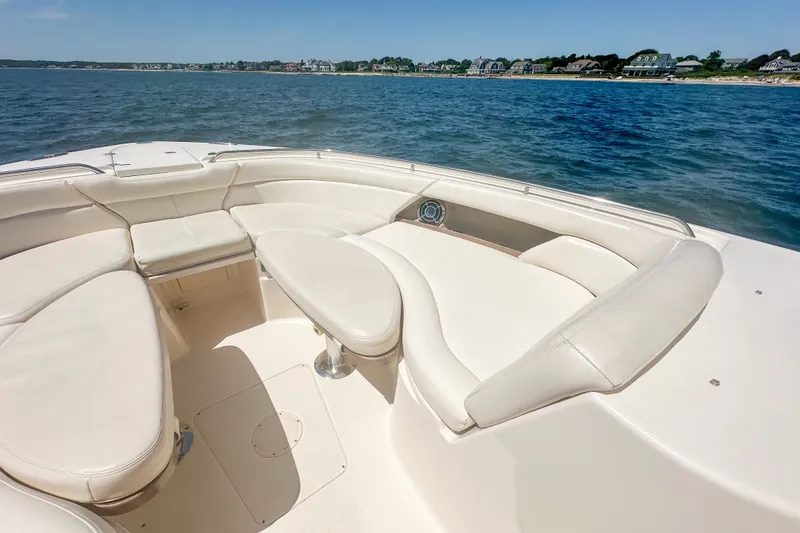 Slide: The Image of Luxurious seating area on a 2015 Grady-White Freedom 375 boat, with ocean view. - 31