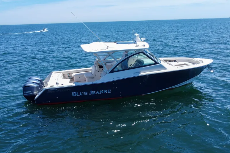Slide: The Image of 2015 Grady-White Freedom 375 boat named "Blue Jeanne" cruising on open water. - 10