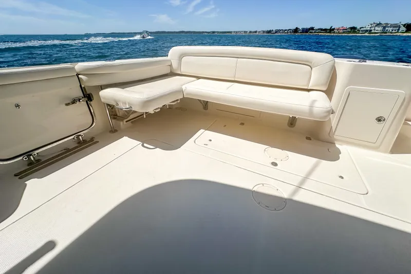 Slide: The Image of 2015 Grady-White Freedom 375 boat interior with spacious seating, ocean view. - 37