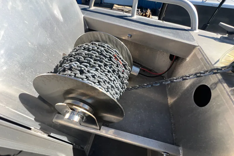 Slide: The Image of Anchor chain winch on 2019 Armstrong Marine 38 Monohull Aluminum boat deck. - 8