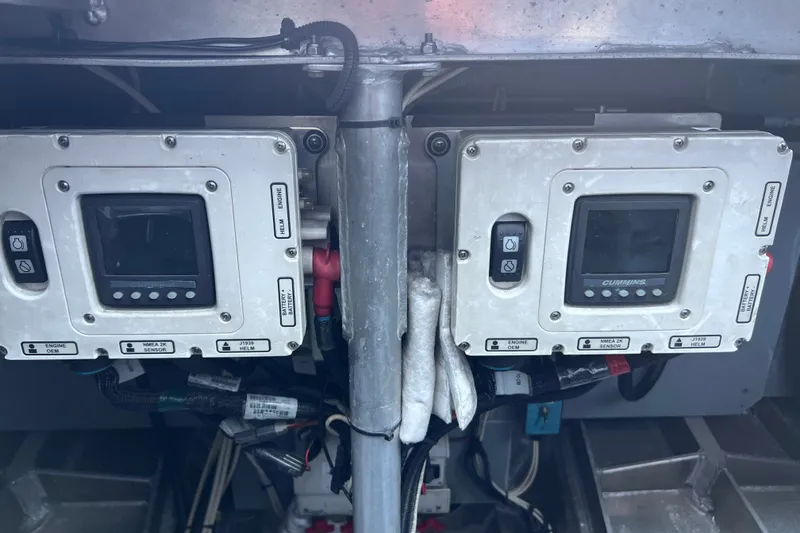 Slide: The Image of Control panels of a 2019 Armstrong Marine 38 Monohull Aluminum boat engine system. - 24