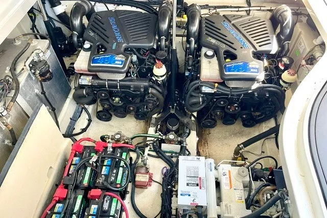 Slide: The Image of Engine compartment of a 2008 Sea Ray Sundancer 330 with twin MerCruiser engines. - 31