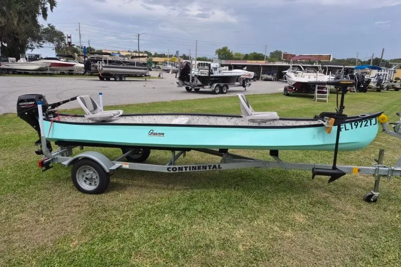 Slide: The Image of 2022 Gheenoe NMZ 15.4 boat on trailer, parked on grass, with other boats in background. - 4