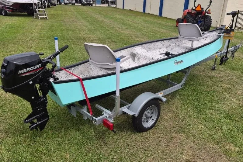 Slide: The Image of 2022 Gheenoe NMZ 15.4 boat on trailer with Mercury outboard motor. - 5