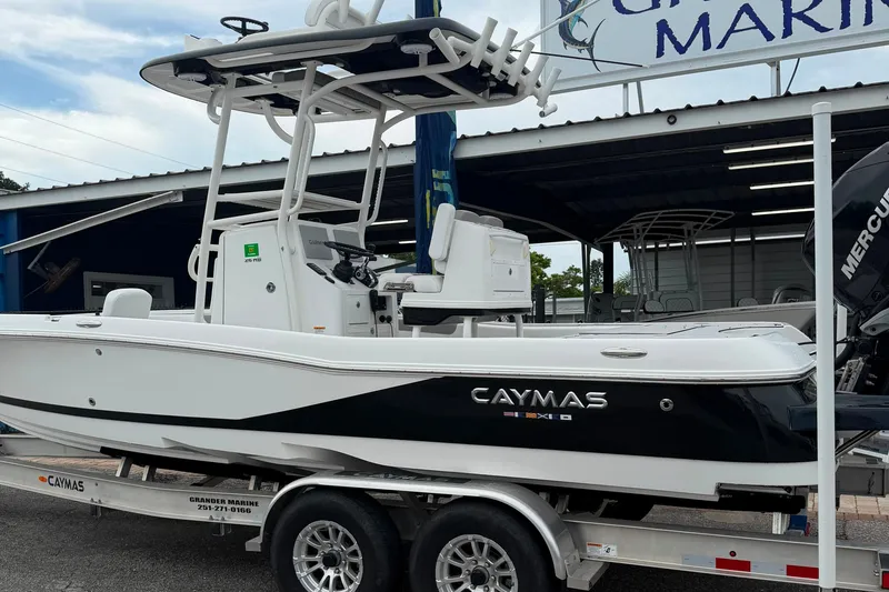 Slide: The Image of 2023 Caymas 26 HB boat on trailer at marina, side view. - 1