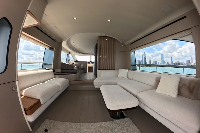 Slide: The Image of Luxurious interior of 2023 Azimut Fly 68 yacht with city skyline view. - 40
