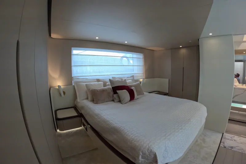 Slide: The Image of Luxurious bedroom interior of 2023 Azimut Fly 68 yacht with modern design and elegant decor. - 80