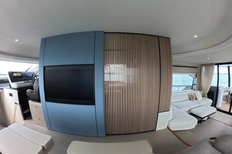 Slide: The Image of Luxurious interior of 2023 Azimut Fly 68 yacht with modern design and panoramic windows. - 57