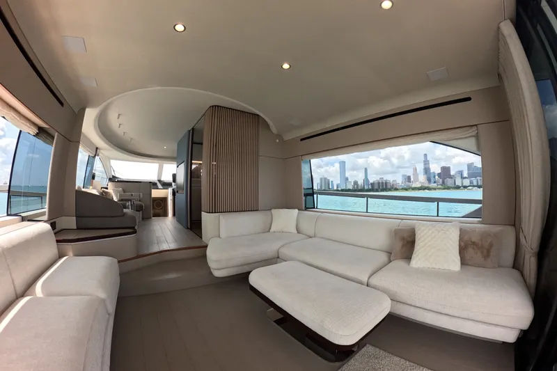 Slide: The Image of Luxurious interior of 2023 Azimut Fly 68 yacht with city skyline view. - 114