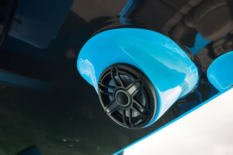 Slide: The Image of Close-up of a JL Audio speaker on a Midnight Express 43 Open boat. - 19