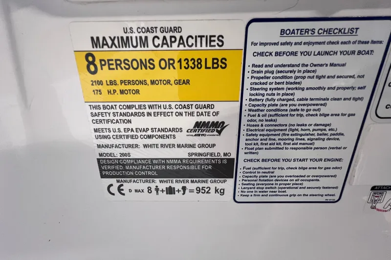 Slide: The Image of 2024 Tahoe 200 S boat capacity label: 8 persons, 1338 lbs, 175 HP motor. - 29
