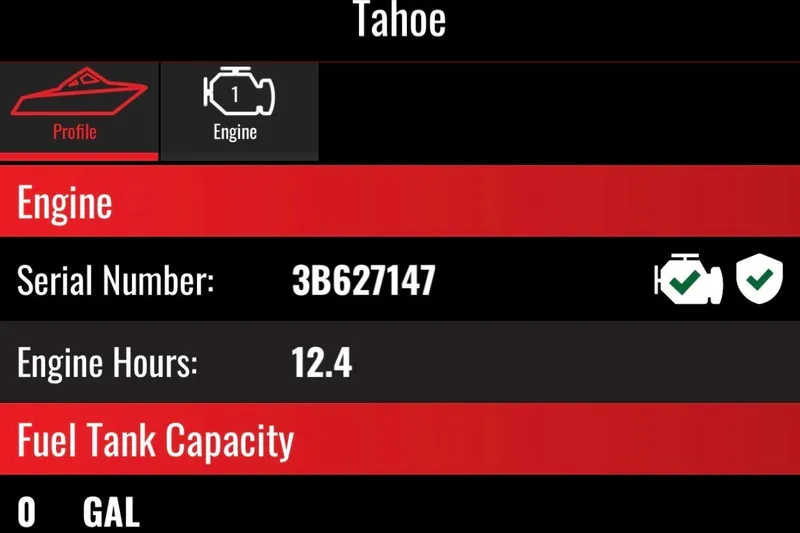 Slide: The Image of 2024 Tahoe 200 S engine details: Serial 3B627147, 12.4 hours, 0-gallon fuel capacity. - 40