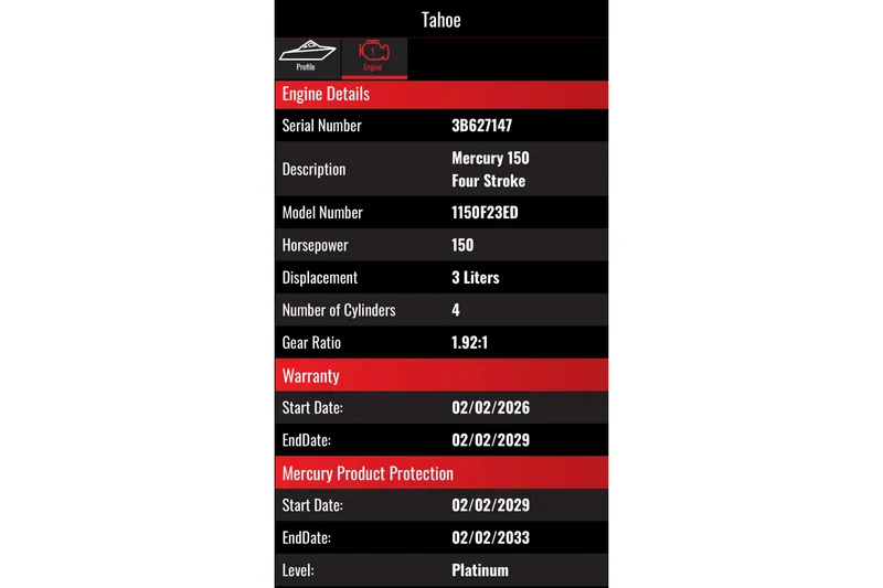 Slide: The Image of 2024 Tahoe 200 S engine details: Mercury 150, 150 HP, 3L, 4 cylinders. Warranty info included. - 39