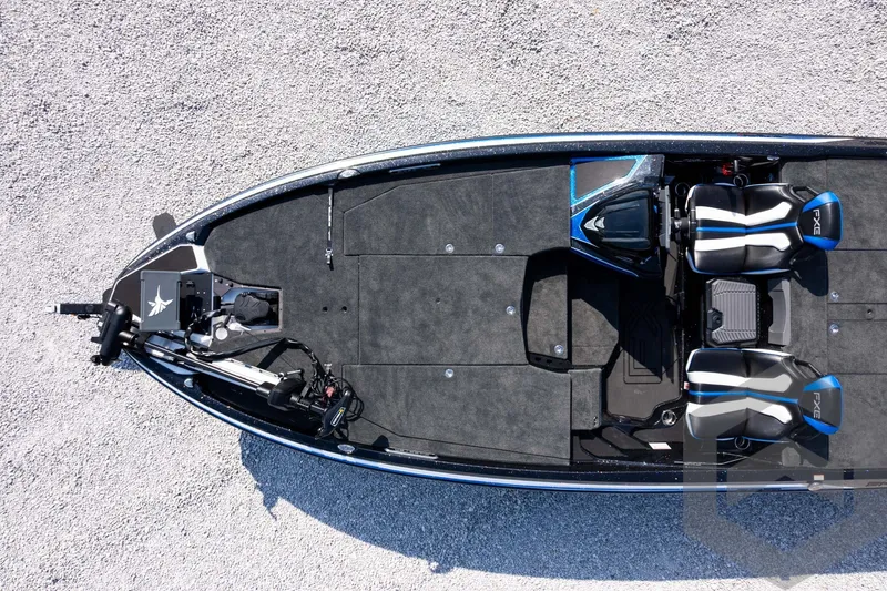 Slide: The Image of Overhead view of 2027 Skeeter FXE20 Pro fishing boat with dual seats and trolling motor. - 28
