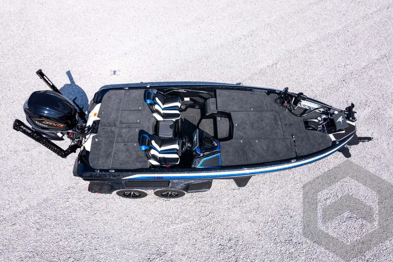 Slide: The Image of 2027 Skeeter FXE20 Pro fishing boat, aerial view, dual seats, sleek design. - 35