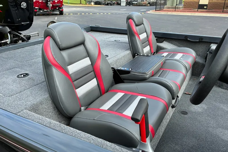 Slide: The Image of 2023 Ranger RT178 boat interior with gray and red seats, showcasing modern design. - 8