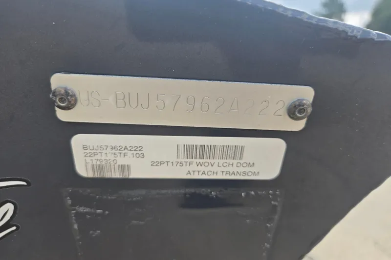 Slide: The Image of 2022 Tracker Pro Team 175 TF boat identification plate with serial numbers. - 18