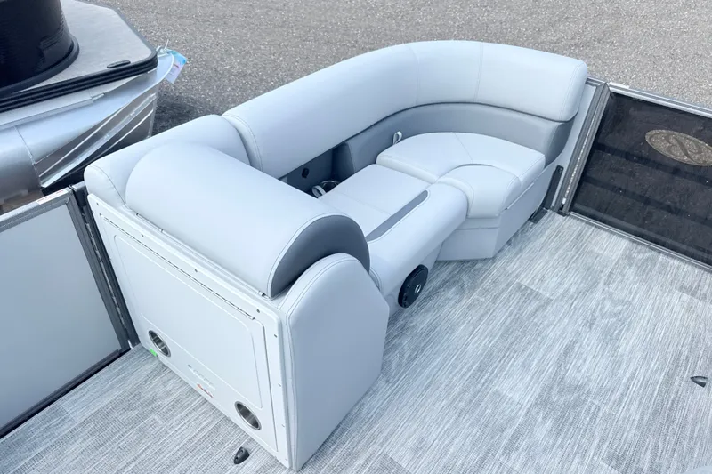 Slide: The Image of Luxurious seating on 2027 Bentley Pontoons Legacy 200 Navigator, featuring sleek gray upholstery. - 5
