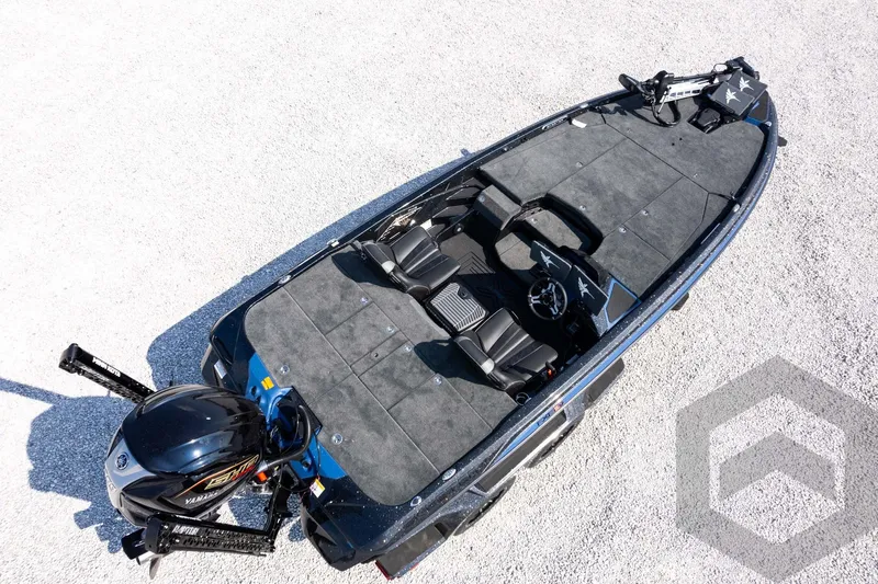 Slide: The Image of 2027 Skeeter FXE21 Apex fishing boat, aerial view, showcasing spacious deck and modern design. - 34