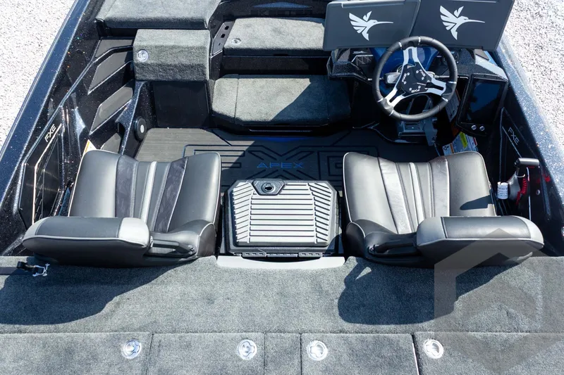 Slide: The Image of 2027 Skeeter FXE21 Apex boat interior with dual seats and steering console. - 19