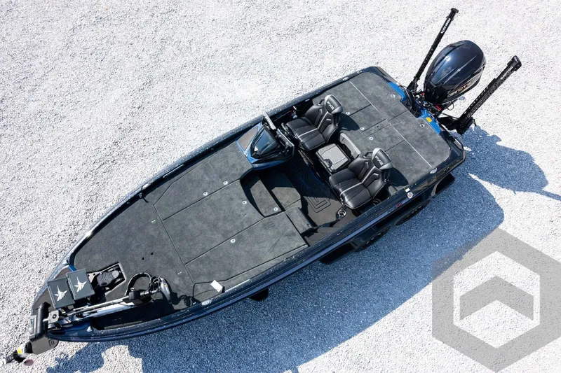 Slide: The Image of 2027 Skeeter FXE21 Apex fishing boat, aerial view, sleek design, dual seats, modern features. - 30