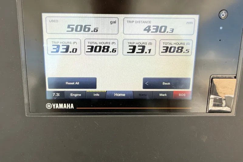 Slide: The Image of Yamaha display showing fuel usage and trip data for Everglades 365 Center Console, 2022 model. - 19