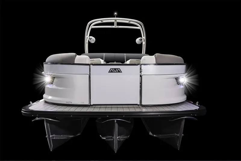 Slide: The Image of Manufacturer Provided Image: 2025 Avalon Excalibur LTD Quad Lounge pontoon boat with sleek design and illuminated features. - 5