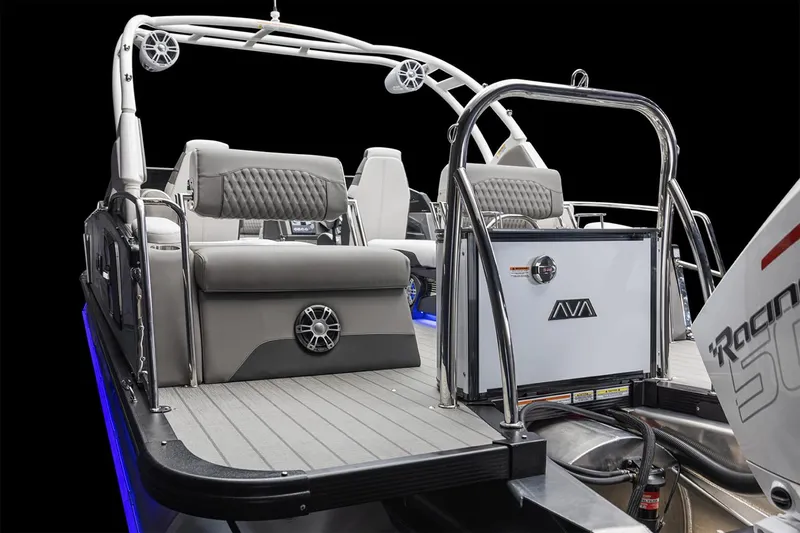Slide: The Image of Manufacturer Provided Image: 2025 Avalon Excalibur LTD Quad Lounge Windshield boat with sleek seating and modern design. - 9