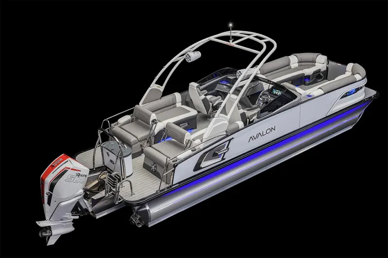Slide: The Image of Manufacturer Provided Image: 2025 Avalon Excalibur LTD Quad Lounge Windshield pontoon boat with sleek design and modern features. - 7