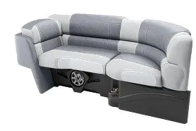 Slide: The Image of 2026 Avalon Excalibur LTD Quad Lounge Windshield boat seating, gray and white upholstery. - 14