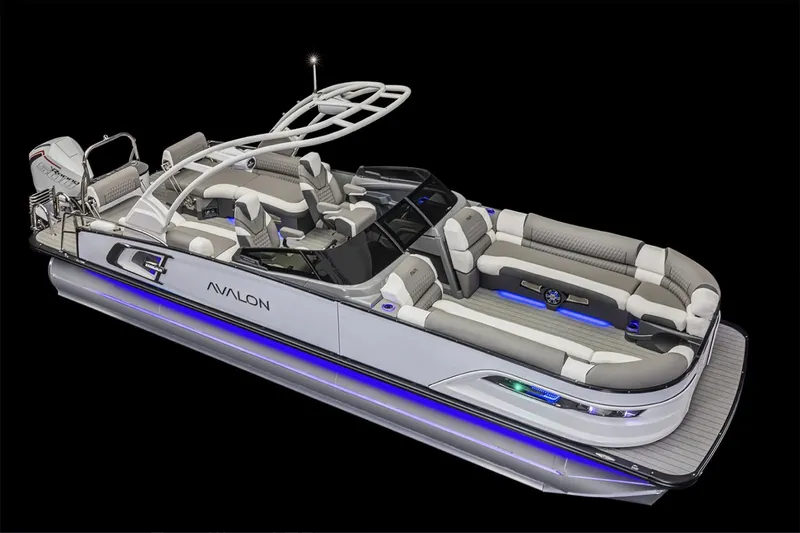 Slide: The Image of Manufacturer Provided Image: 2025 Avalon Excalibur LTD Quad Lounge Windshield boat with sleek design and blue LED lighting. - 6