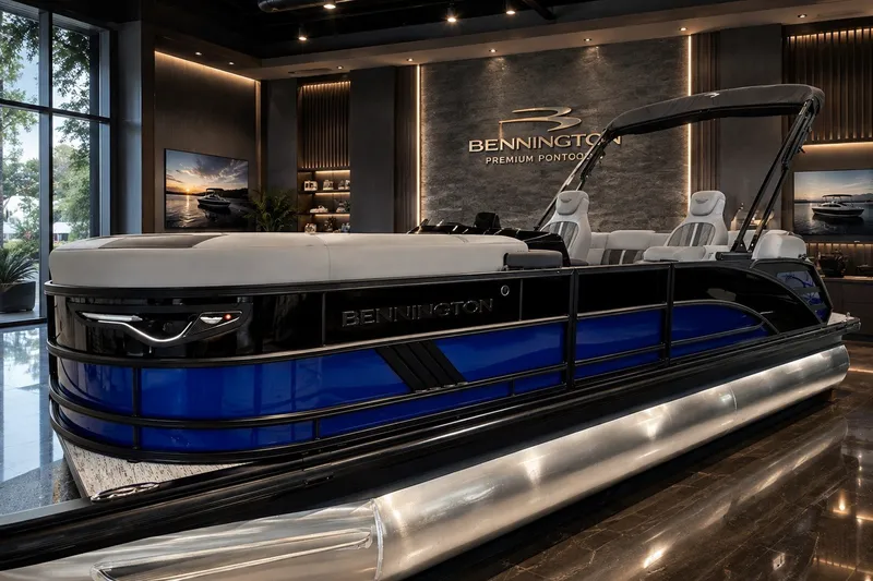 The Image of 2026 Bennington 23 M Center Swingback pontoon boat in a luxurious showroom setting. - 0