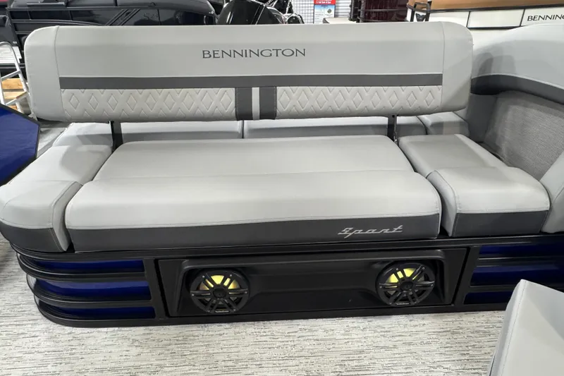 Slide: The Image of 2026 Bennington 23 M Center Swingback boat seat with speakers, gray upholstery. - 25