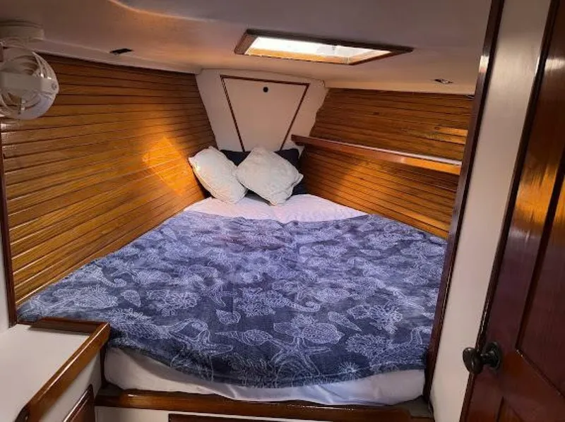 Slide: The Image of The cabin of a 1989 Morgan 440 features a cozy bed with wooden walls and skylights. - 17