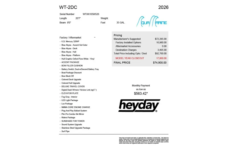 Slide: The Image of 2026 Heyday WT-2DC boat specifications and pricing details, featuring Blue Abyss color and luxury packages. - 13