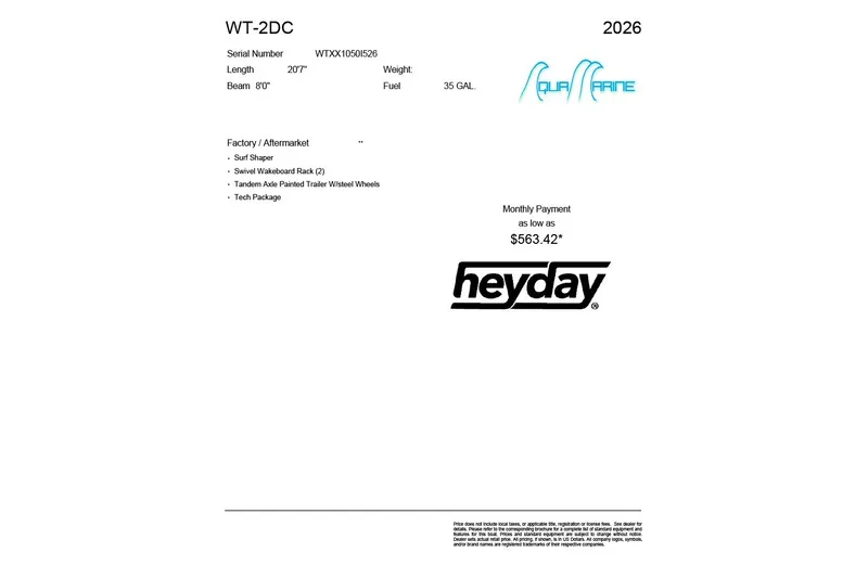 Slide: The Image of Heyday WT-2DC 2026 boat specifications with monthly payment details and aftermarket options. - 14