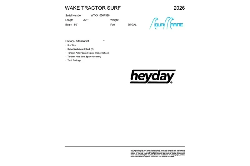 Slide: The Image of 2026 Heyday WTSurf Wake Tractor Surf specifications and features list. - 13