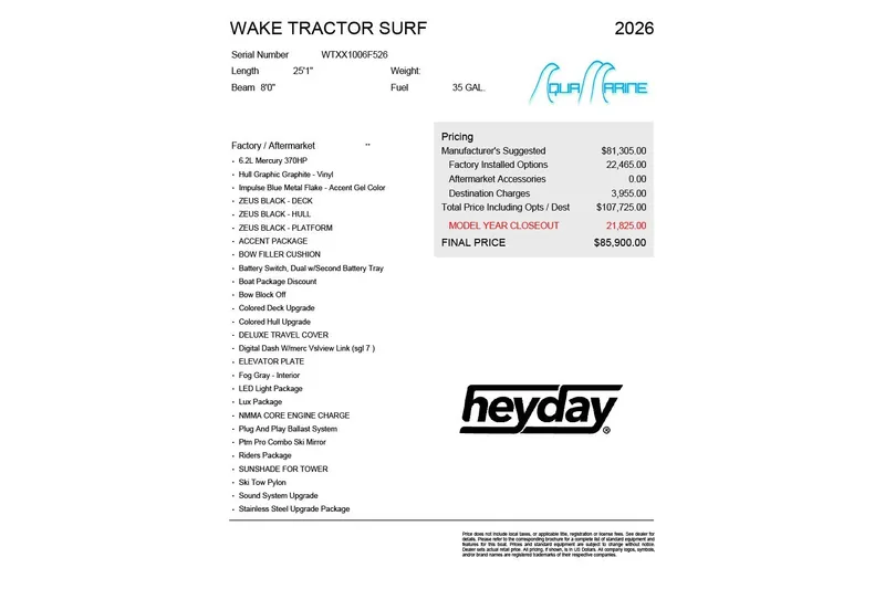 Slide: The Image of 2026 Heyday WTSurf wake tractor surf specifications and pricing details. - 12