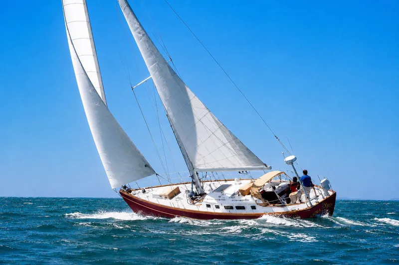 Slide: The Image of Sailing yacht Mason 54 from 1989 navigating ocean waves under clear blue skies. - 1