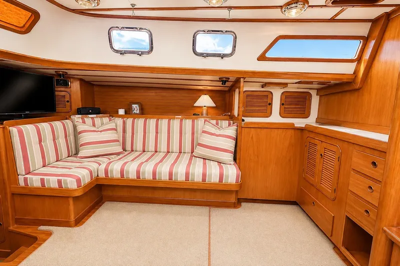 Slide: The Image of Luxurious 1989 Mason 54 yacht interior with striped seating, wooden cabinetry, and porthole windows. - 30