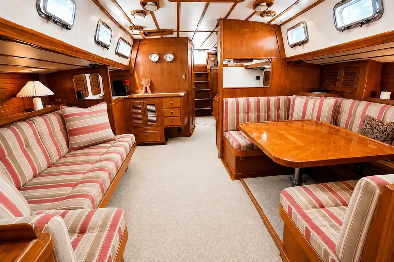 Slide: The Image of Luxurious 1989 Mason 54 yacht interior with striped upholstery and wooden furnishings. - 28