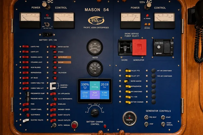Slide: The Image of Electrical control panel of a 1989 Mason 54 yacht with various switches and gauges. - 24